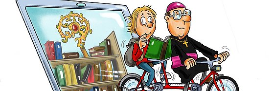 Cartoon mit einem Kleriker und einem Laien gemeinsam auf einem Fahhrad